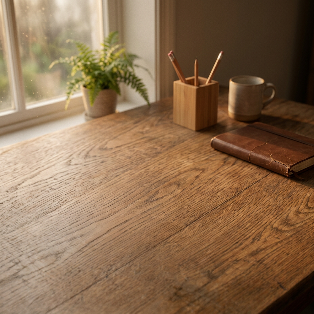 Thick stack of blank white printer paper on wooden desk